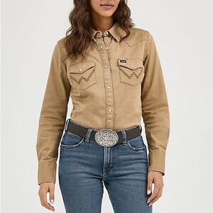 Wrangler Snap Front Button Down with Yokes Tan Long Sleeve